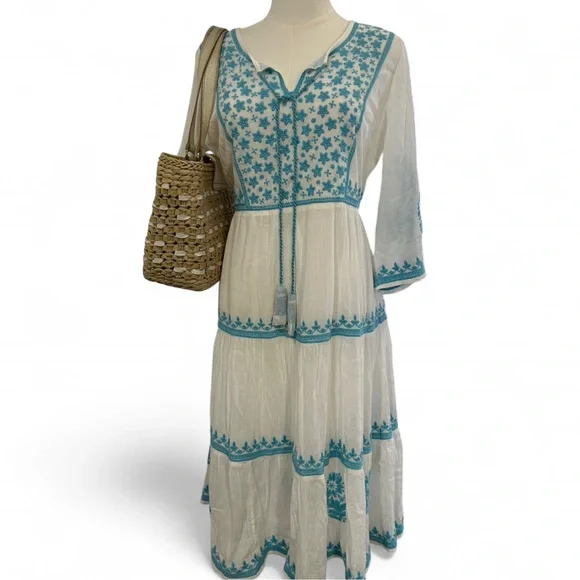 NWT |Soft Surroundings| Boho Midi Dress in White with Blue Floral Embroidery Med - Picture 1 of 10